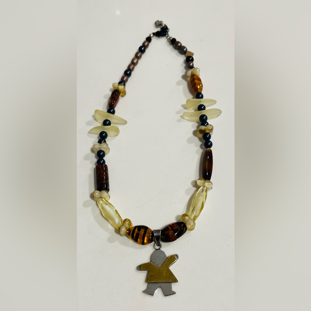 Rare Vintage Mexico Sterling Silver 925 Boy Or Girl Heart Pendant Amber Necklace